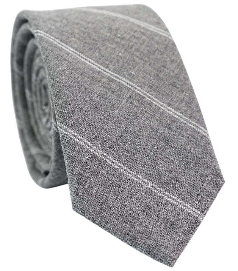 BELLUNO 2.5 inch Skinny Tie for Men, Cotton Linen Slim Neckties Gray Stripe - Image 1